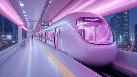 Innovative Subway Train at Urban Transit Station Showcasing Modern Design and Automation in a Bustling Metropolitan Area at Night Generative AIの素材
