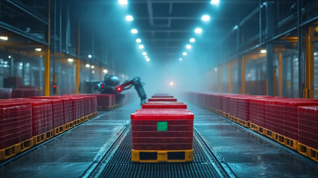 Modern Warehouse Utilizing Robotics for Efficient Inventory Management and Climate Control in Cold Storage Facilities Generative AIの素材