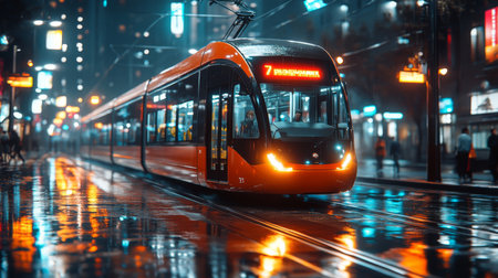 Urban Tram Travels Through a Rainy City Night Showcasing Modern Transit Infrastructure and Commuter Mobility in a Vibrant Metropolitan Area Generative AIの素材