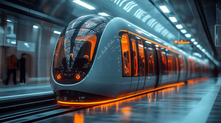 Modern Urban Subway Train Arriving at a Futuristic Metro Station During Evening Commute Hours Enhancing Transportation Efficiency Generative AIの素材