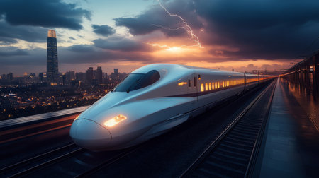 A High Speed Maglev Train Arrives at an Urban Station, Set Against the Dramatic Backdrop of a Thunderstorm During Sunset, Showcasing the Wonders of Generative AIの素材