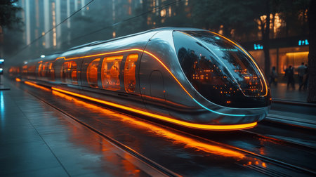 Highspeed Maglev Train in an Urban Landscape at Dusk Showcasing Advanced Transportation Technology Generative AIの素材
