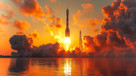 Rocket Launches at Sunrise With Bright Orange Clouds and Smoke Surrounding the Launch Pad Over the Water Generative AIの素材