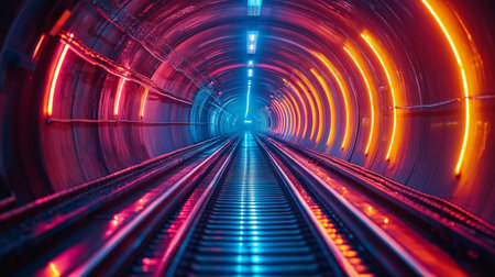 Highspeed Railway Tunnel Featuring Colorful Lights Illuminating the Tracks in an Advanced Transportation Infrastructure Generative AIの素材