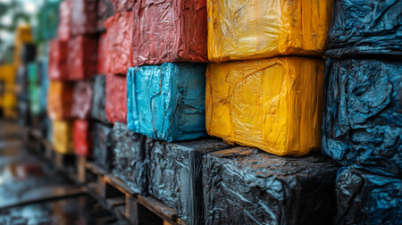 Bales of Recyclable Materials Stacked in a Recycling Warehouse for Logistics and Distribution Efforts Focused on Sustainability Generative AIの素材