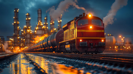 The Operations of a Freight Train Transporting Cargo Near an Industrial Facility During Dusk With Glowing Lights and Steam Rising From the Surroundings Generative AIの素材