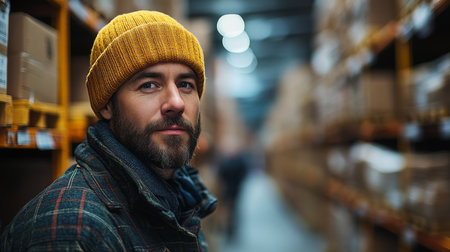 Warehouse Worker Organizing Inventory During the Busy Distribution Hours in a Large Fulfillment Center Generative AIの素材