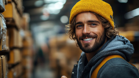 Warehouse Worker Smiling in a Distribution Center Surrounded by Stacks of Inventory During a Busy Day Managing Freight and Cargo Operations Generative AIの素材
