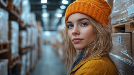 Warehouse Worker in Logistics Facility Wearing Orange Beanie and Yellow Jacket While Managing Inventory and Storage Operations Generative AIの素材