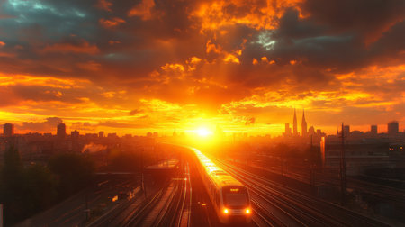 Sunset Over Urban Transit as Train Travels Through City Infrastructure and Skyline, Showcasing Mobility and Automation Generative AIの素材