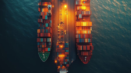 Large Cargo Ships at a Busy Shipping Port During Twilight Hours With Cranes and Containers Visible Amidst the Soft Glow of Lights Generative AIの素材