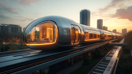 Highspeed Maglev Train Designed for Urban Transportation in a Futuristic Skyline at Sunset Generative AIの素材