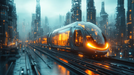 Futuristic Train Traverses a High Tech Cityscape With Illuminated Towers and Advanced Infrastructure Generative AIの素材