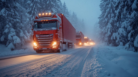 Trucks Transport Freight Through Snowy Forest Road During Winter Logistics Operation in Remote Area Generative AIの素材