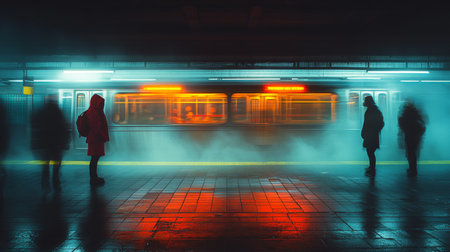 Commuters Waiting at an Urban Subway Station as a Train Approaches on a Foggy Night in the City With Glowing Lights Generative AIの素材