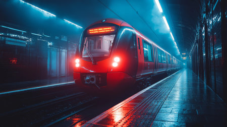 Modern Subway Train Awaits Commuters in an Atmospheric Urban Station During Early Morning Hours Generative AIの素材