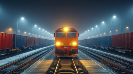 Freight Train Illuminated at Night at a Logistics Hub With Rows of Colorfully Stacked Cargo Containers Generative AIの素材