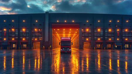 Logistics Hub Illuminated at Dusk With a Freight Truck Parked at the Entrance of a Large Distribution Warehouse Generative AIの素材