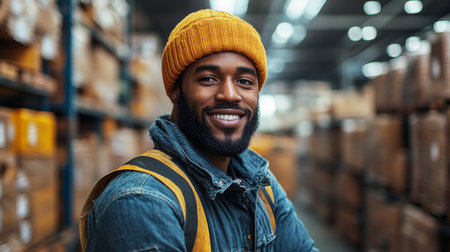 Smiling Worker in a Logistics Warehouse Surrounded by Organized Inventory and Cargo in an Efficient Distribution Environment Generative AIの素材
