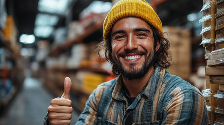 Warehouse Employee Smiling and Giving Thumbs up While Working in a Busy Logistics and Inventory Storage Area Generative AIの素材
