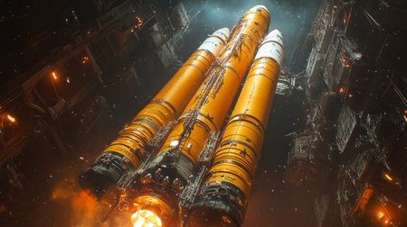 Rocket Booster Prepares for Launch in a High Tech Facility Showcasing Advanced Aerospace Technology Generative AIの素材
