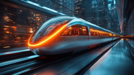 Innovative High Speed Maglev Train Gliding Through a Futuristic City at Night Showcasing Advanced Railway Technology and Automated Transport Systems Generative AIの素材