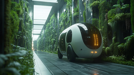 Innovative Delivery Vehicle on a Green Pathway in a Futuristic Warehouse Environment in a Logistics Hub Generative AIの素材