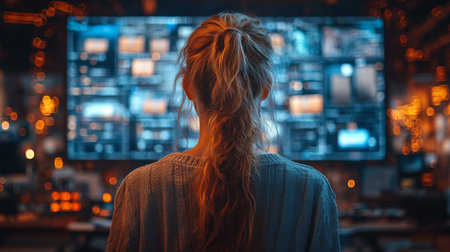 Observing Logistics Data Analysis in a Modern Distribution Hub With Advanced Technology and Vibrant Lighting Generative AIの素材