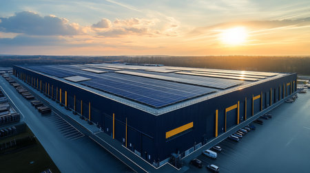Large Logistics Warehouse With Solar Panels at Sunset, Showcasing Its Modern Design and Energy Efficiency Generative AIの素材