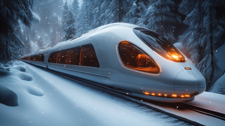 High speed Maglev Train Traverses Snowy Landscape in Winter Wonderland as It Enhances Modern Transportation Infrastructure Generative AIの素材