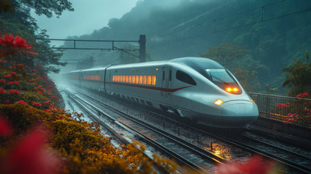 High speed Train Travels Through Misty Landscape During Early Morning, Showcasing Modern Transportation and Railway Infrastructure Generative AIの素材