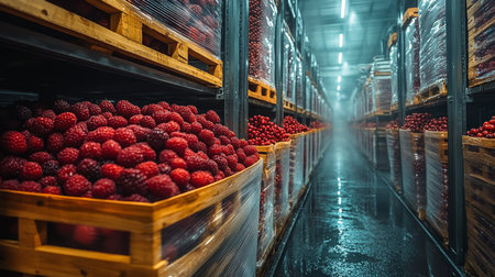 Warehouse Storing Perishable Goods in Climate Controlled Facility With Large Quantities of Raspberries for Distribution and Inventory Management Generative AIの素材