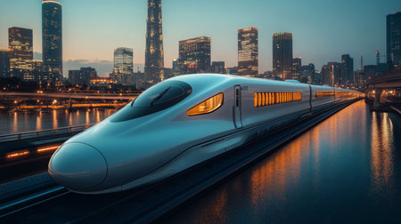 A Cutting Edge High Speed Maglev Train is Set for Departure, Framed by the Stunning Skyline of a Modern City Under a Dusky Sky, Showcasing the Marvels of Generative AI Technologyの素材