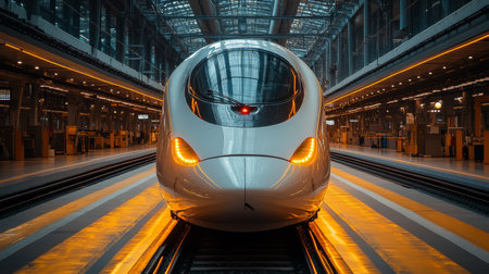 Modern High Speed Maglev Train Awaiting Departure in a Futuristic Railway Station During Evening Hours Generative AIの素材