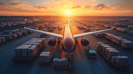 Cargo Aircraft Positioned on the Tarmac at Sunset With Freight Containers in a Busy Logistics Hub Generative AIの素材