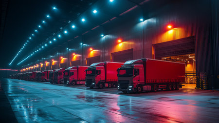 A Bustling Nighttime Logistics Hub Features Several Red Trucks Neatly Lined up in a Brightly Lit Warehouse, Showcasing the Power of Generative AIの素材