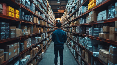 Logistics Worker Navigating Through a Vast Inventory Storage Area in a Modern Warehouse Setting Generative AIの素材