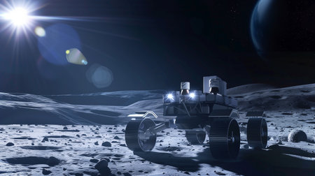 Rover performs excavation of regolith on an asteroid during its resource extraction missionの素材