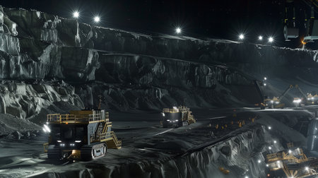 Heavy machinery operates on an asteroid surface, extracting regolith for refining purposesの素材