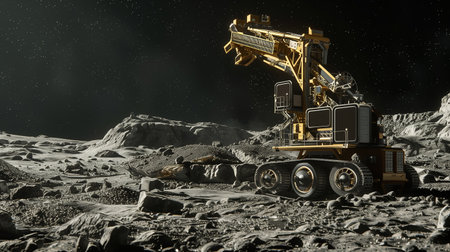 A robotic vehicle excavates regolith on an asteroids surface, focusing on resource extractionの素材