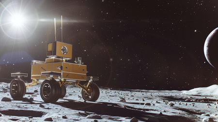 A rover is actively conducting excavation on an asteroids surface to gather regolith for refiningの素材