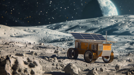 Rover equipped with solar panels working on asteroid regolith extraction in a distant locationの素材