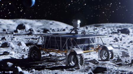 Rover stands on asteroid surface ready for regolith extraction, equipped for refining operationsの素材