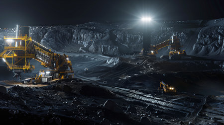 Advanced machines conduct excavation and regolith extraction on a distant asteroid during nightの素材