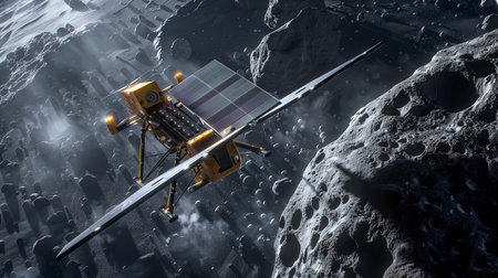 Automated spacecraft engages in asteroid excavation for regolith extraction in outer spaceの素材