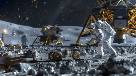 Astronaut digs regolith on the Moon with robotic help during a missionの素材