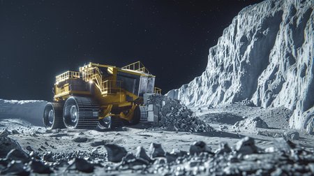 A large vehicle is actively excavating regolith on an asteroids surface, refining materialsの素材