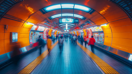 Urban Commuters Navigate a Vibrant Subway Corridor Showcasing Modern Transportation Infrastructure in an Efficient Metro System Generative AIの素材