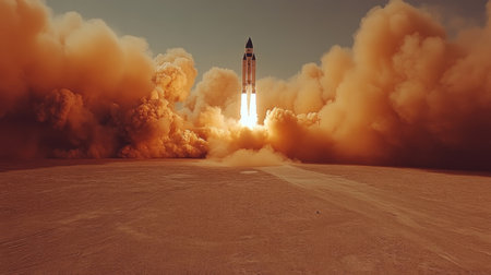 Rocket Launch Demonstrating Advanced Propulsion Technology and Retropropulsion Landing Capabilities in a Desert Environment Generative AIの素材