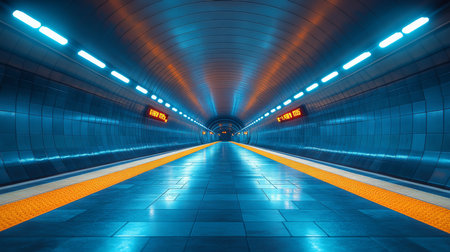 Metro Tunnel Showcases Modern Transportation Design With Automated Lighting and Bright Colors Enhancing Urban Mobility Experience Generative AIの素材